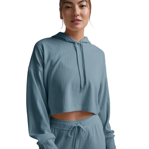 Beyond Yoga Breathe Easy Ribbed Cropped Hoodie Misty Blue Large